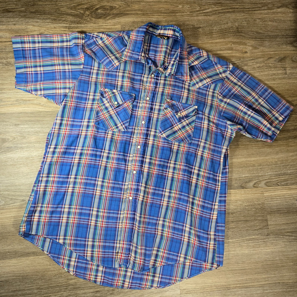 Vintage Holt Western Shirt Mens L Blue Plaid Pearl Snap Short Sleeve Cowboy Rode